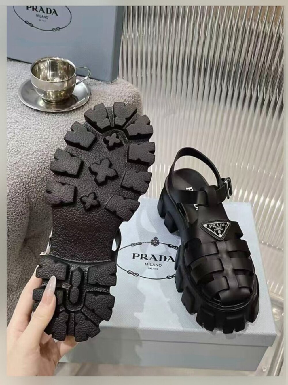 Prada Monolith Black Fisherman Cage Lug Sole Platform Sandals - Picture 6 of 6